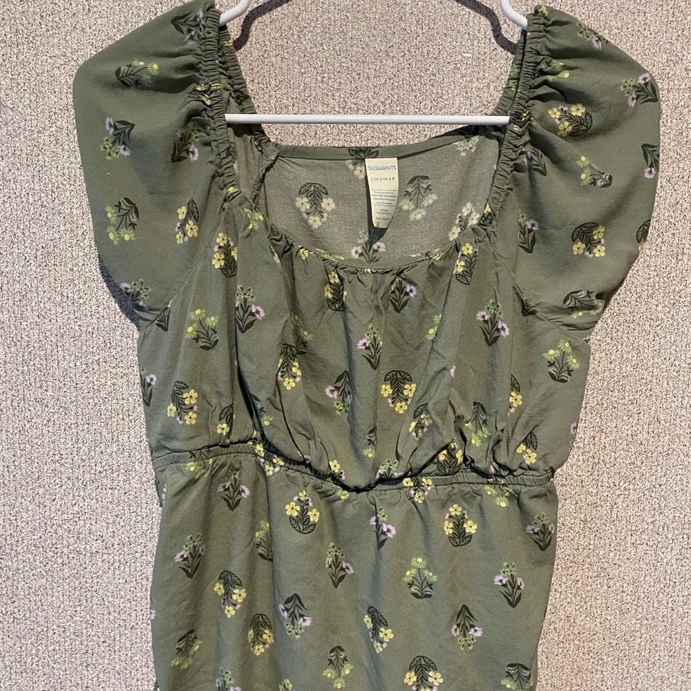 Thereabouts Floral Puff Sleeve Top Olive Green Square Neck Ruched L 14.5-16.5